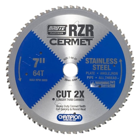 Brute Platinum 7in Brute RZR Cermet Tipped Circular Saw Blades for Stainless Steel, 64 Teeth, 20mm Arbor CHA RZR-7-64-ST